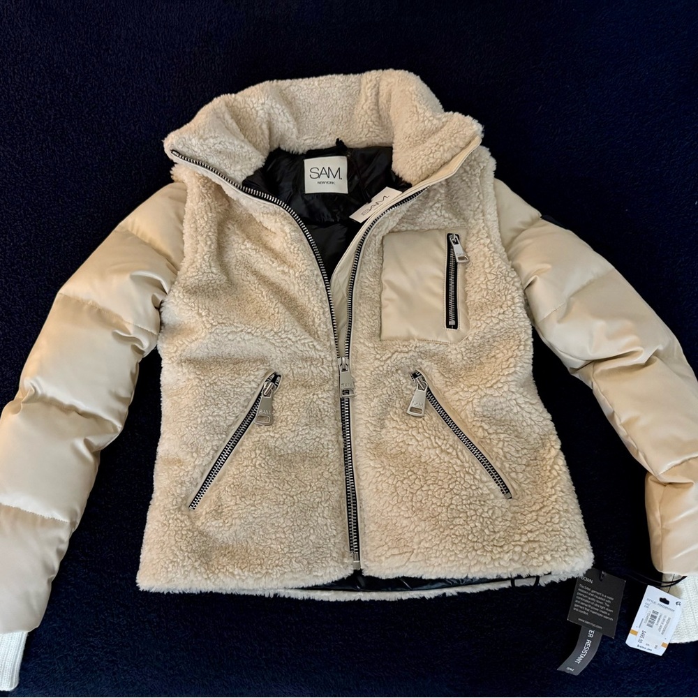 SAM. Cream Sherpa Puffer Jacket with Quilted Sleeves